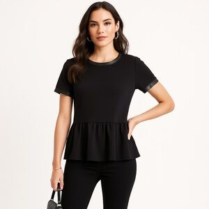 Madewell Black Peplum Top Leather Trim Size L | Chic Night Out Blouse